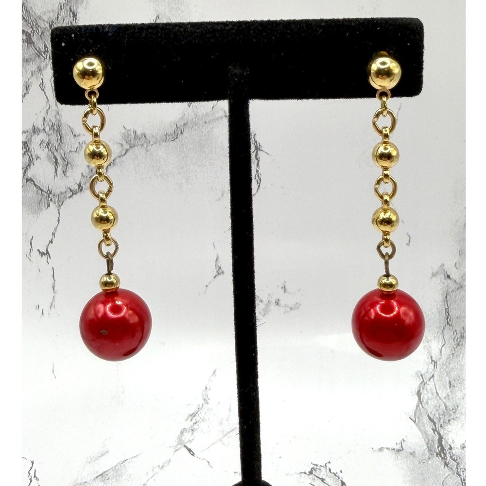 Vintage Red Bead Dangle Earrings Gold Tone Chain Drop 2"‎ Pierced
